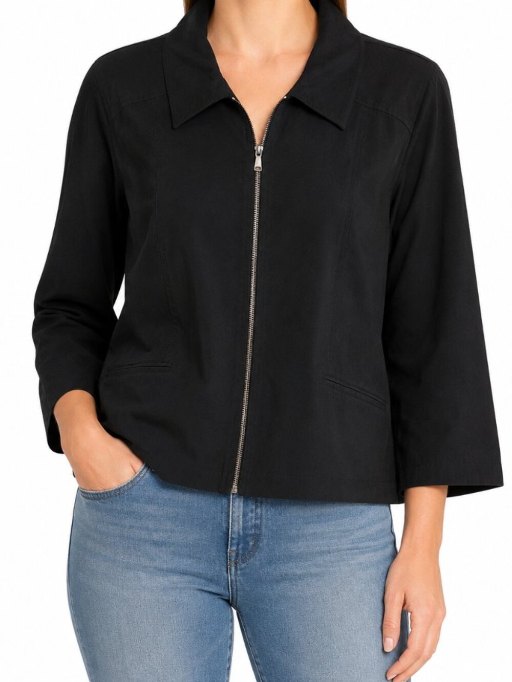 Morgan Crossing Womens Black Zip Front Jacket 3/4 Sleeve Minimalist Classic